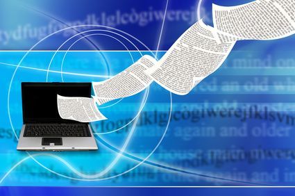 laptop with book pages flying out of its screen, as concept for e-book